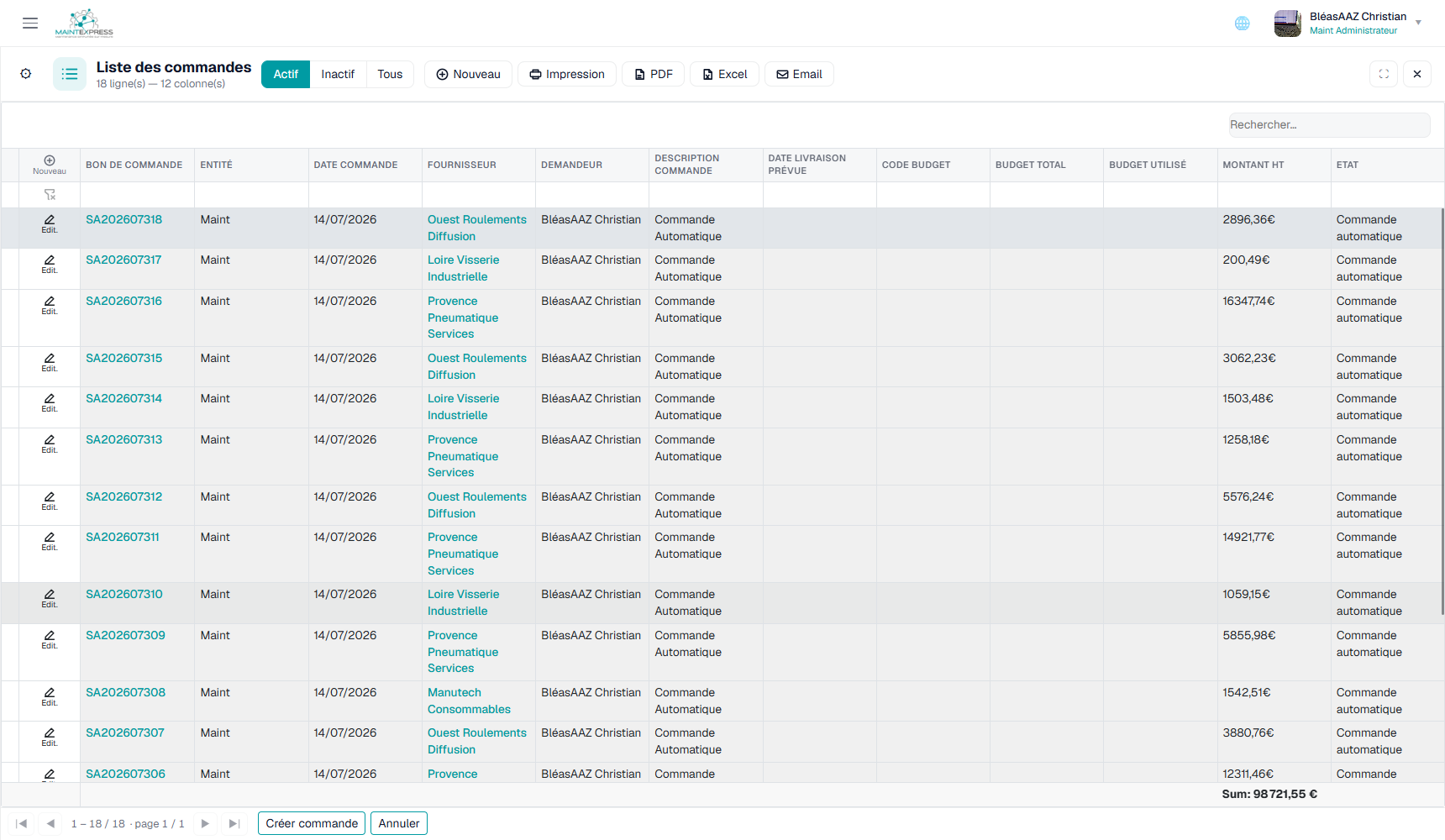 Liste des commandes et achats