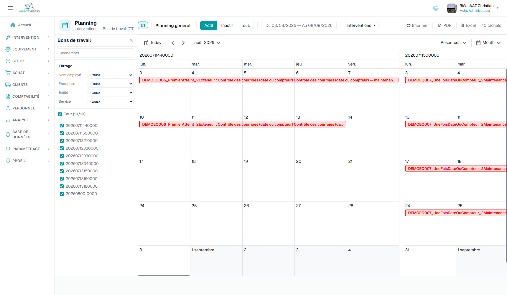Planning des interventions de la GMAO Maintexpress version 4
