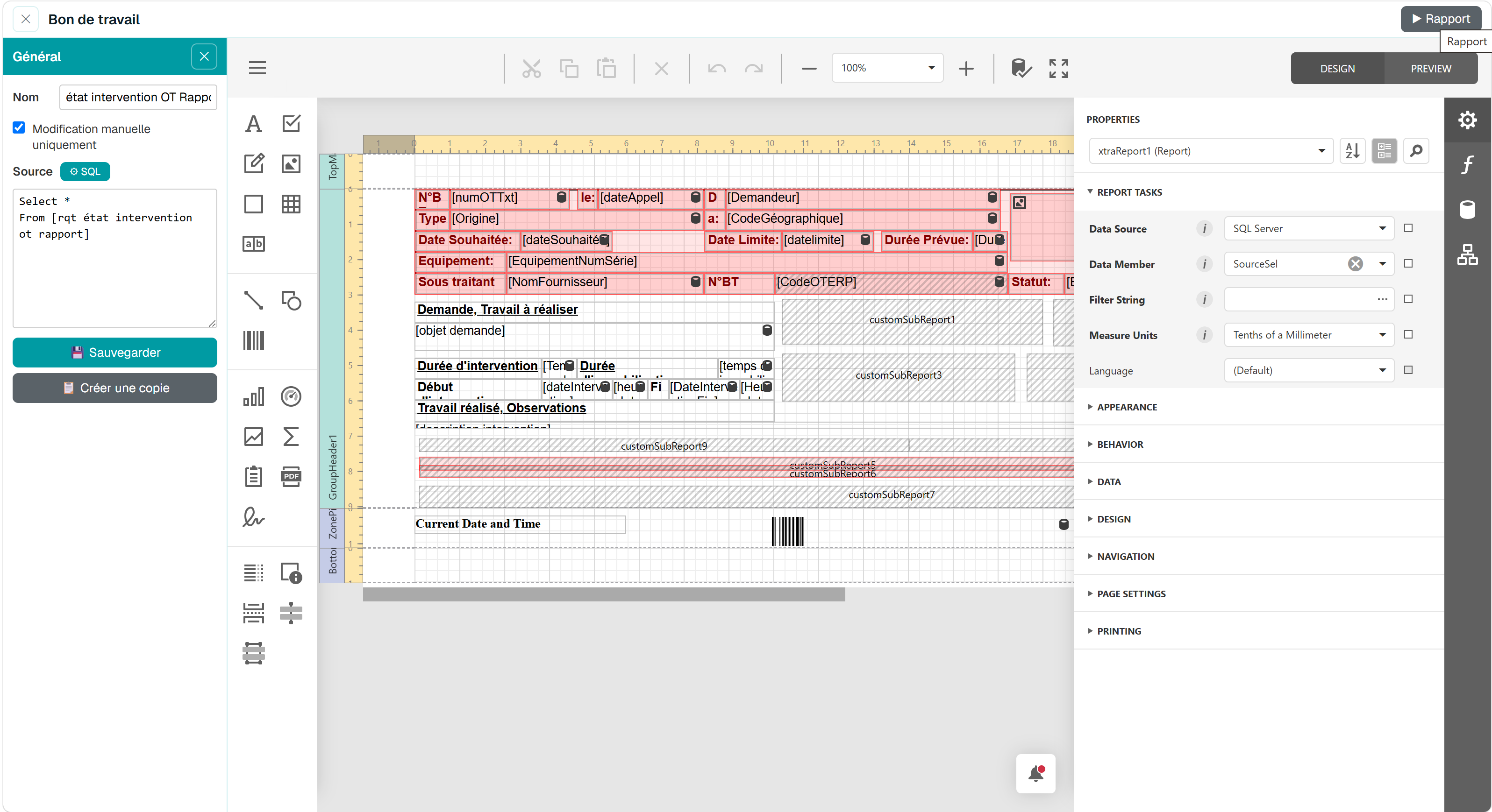 Éditeur de rapports de la GMAO Maintexpress : mise en page d'un bon de travail imprimé, avec la requête SQL source, les sous-états et un code-barres