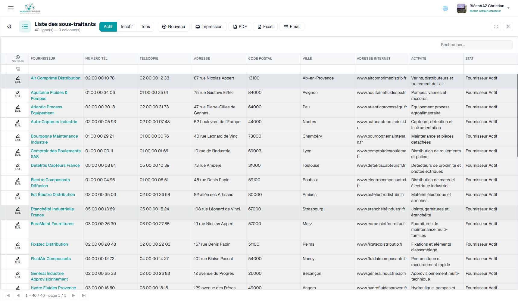 Liste des sous-traitants et fournisseurs dans la GMAO Maintexpress